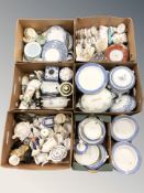 A large quantity of blue and white dinner wares, other ceramics, tea china, pewter tankards,