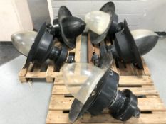 Five large industrial light fittings, height 90 cm.
