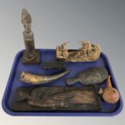 A group of African treen items, figures, horn, etc.