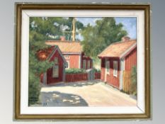 L Rejle : Buildings on a country lane, oil on board, 45 cm x 37 cm.