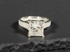 An 18ct white gold princess cut solitaire diamond ring, approximately 1.9cts, size J.