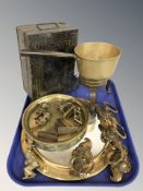 A group of metal wares, jam pans, set of scales, cash tin, brass ornaments, mirror, etc.