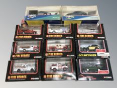 A group of Corgi Fire Heroes, James Bond and other die cast vehicles in boxes.