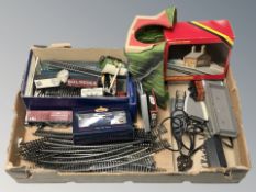 A group of rolling stock including Bachmann, quantity of track, Hornby OO gauge model, etc.