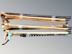 Two bundles of assorted walking sticks.