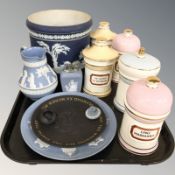 An Adams jasperware planter, Wedgwood jasperware items, reproduction chemist's lidded jars.