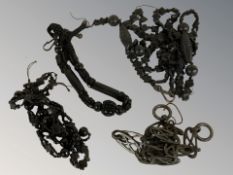 A group of Whitby jet necklaces, watch chain.