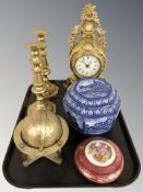 A reproduction gilt brass Robert Grant timepiece, pair of brass candlesticks, globe,