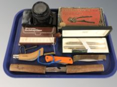 A Minolta Dynax 3XI camera, Cross pen and propelling pencil in box, folding knives, razor in box,