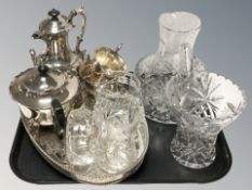 An EPNS gallery serving tray, tea service, crystal vases, jug, etc.