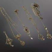 An Art Nouveau amethyst and pearl pendant, stamped 10K, together with four further similar pendants,
