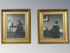A pair of colour prints on board depicting figures in a dining room,
