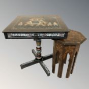 An Indian lacquered square occasional table, fitted a drawer, width 46 cm,