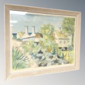 Rudolph : Study of buildings by a coast, watercolour, 52 cm x 40 cm.