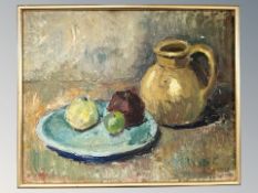 Danish School : Still life with fruit and pottery, oil on board, 50 cm x 40 cm.