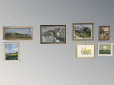 Seven continental paintings depicting landscapes and buildings, examples in oil and watercolour.