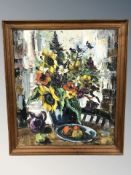 20th Century School : Still life of flowers in a vase with fruit, oil on canvas, 69 cm x 59 cm.