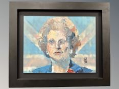 Contemporary School : Portrait of Margaret Thatcher, impasto on board, signed with initials 'WM',