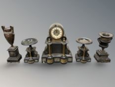 A three piece slate and marble clock garniture set, plus two additional campana vases, tallest 47cm.