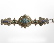 A filigree cabochon stone and enamel bracelet, length 18 cm.