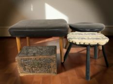 A miniature carved camphor wood chest, width 30 cm, and three various stools.