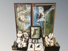 Assorted figurines, tea china and other ceramics, framed embroideries, etc.