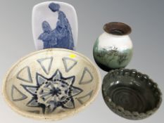 A group of pottery dishes, vase, etc, including Wimborne Pottery.