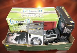 A vintage style portable record player in box, other electricals, PS1 controller, etc.