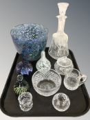 A group of paperweights, mottled glass vase, decanter, etc.