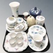 A set of four Shelley porcelain egg cups on stand, Wedgwood clementine cabinet porcelain, etc.