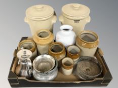 A group of stoneware storage jars, EPNS items, crock pots.