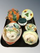 A group of Art Deco pottery dishes including a Clarice Cliff for Newport pottery bizarre octagonal
