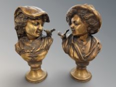 A pair of antique brass busts of a ladies, height 42cm.