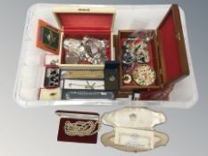 Several jewellery boxes containing assorted costume jewellery, pearls, etc.