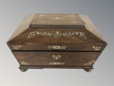 A Regency rosewood and mother of pearl inlaid sarcophagus work box, width 32 cm.