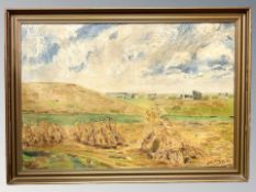 J Sejro : A view across farmland, oil on canvas, 95 cm x 65 cm.