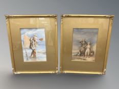 19th century school : Fisher folk, watercolour, 24cm by 17cm, together with a companion piece,