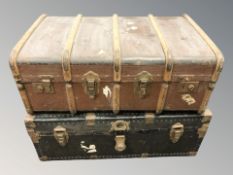 Two early 20th century luggage trunks, width 85 cm.
