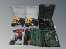 A group of boxed power tools including Black & Decker, Bosch, etc.
