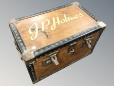 A metal and leather bound wooden trunk, width 50 cm.