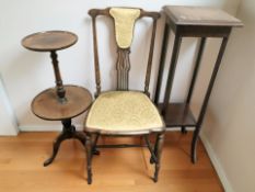 A Victorian occasional chair, a plant stand and a two tier circular mahogany stand.