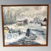 Continental School : A figure walking through snow towards homesteads, oil on canvas, 65 cm x 73 cm.