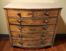 A Victorian mahogany bow front six drawer chest, 124 cm x 58 cm x 122 cm.