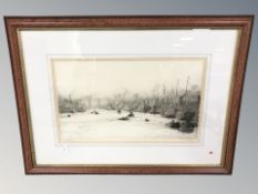 William Lionel Wyllie (1851-1931) : Shipping on the Tyne at Newcastle, dry point etching,