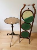 An Edwardian mahogany three tier cake stand and a further mahogany tripod table.