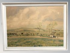 A 20th century Danish print on board depicting farmland, 95 cm x 67 cm.