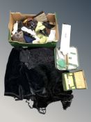 A group of silk scarves, leather gloves, Liberty of London feathers, a jewellery box, vanity set,