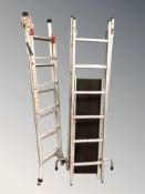 An aluminium step ladder, a further ladder and a platform.