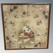 A Victorian tapestry panel by Mary Wilkinson, dated 1853, 66 cm x 66 cm.