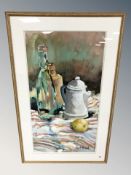 Claude Nicaud (1936- ): Still life with bottles, coffee pot and fruit, oil on board,